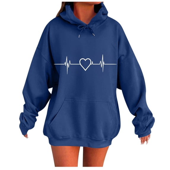 Dagegui Womens Graphic Hoodie Trendy Heart Print Sweatshirts with Pockets | Oversized Pullover, Long Sleeve, Aesthetic Drop Shoulder, Casual, School Teacher Hooded Tops, Fall Winter Clothes Blue L