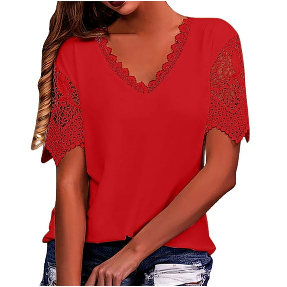 Dagegui Womens Lace Trim V Neck Tops Solid Short Sleeve Hollow Out Loose Shirts Casual Tunic Blouses Summer Fashion Tees Red S-2XL