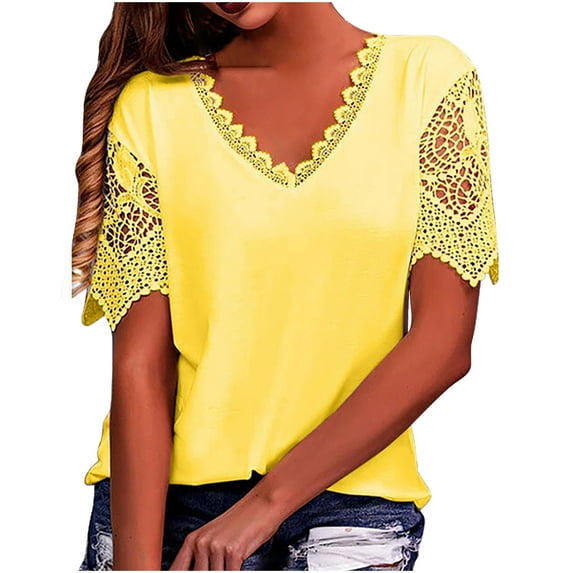 Dagegui Womens Lace Trim V Neck Tops Solid Short Sleeve Hollow Out Loose Shirts Casual Tunic Blouses Summer Fashion Tees Yellow S-2XL