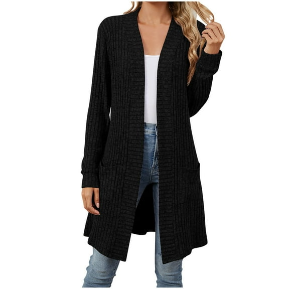 Dagegui Womens Long Sleeve Cardigans Knit Open Front Outerwear with Pockets Solid Color Fall Casual Cardigan Sweaters Black S