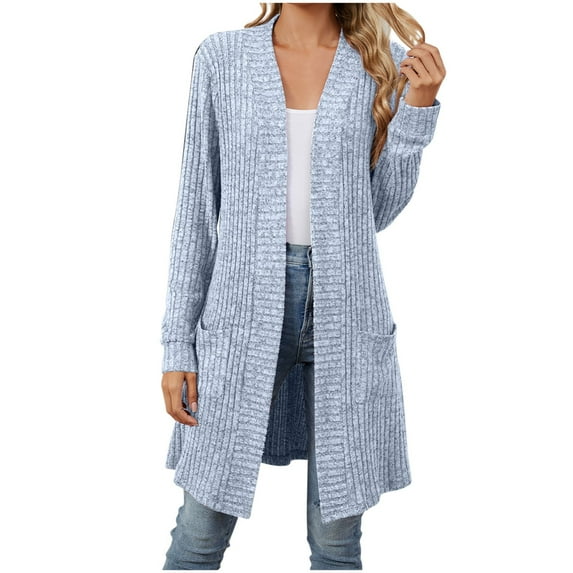 Dagegui Womens Long Sleeve Cardigans Knit Open Front Outerwear with Pockets Solid Color Fall Casual Cardigan Sweaters Today Deals Light Blue 2XL