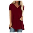 thumbnail image 1 of Dagegui Womens Long T-Shirts Summer V Neck Short Sleeve Shirts Solid Casual Loose Fit Blouse Comfy Tunic Tees Tops Red S-2XL, 1 of 5
