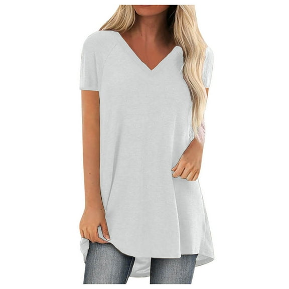 Dagegui Womens Long T-Shirts Summer V Neck Short Sleeve Shirts Solid Casual Loose Fit Blouse Comfy Tunic Tees Tops White S-2XL