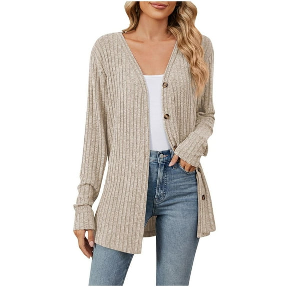 Dagegui Womens Open Front Cardigans Long Sleeve Knit Button Down Sweaters Fall Casual Cardigan Solid Color Outwear Coats Today Deals Deals Khaki 2XL