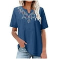 thumbnail image 1 of Dagegui Womens Short Sleeve Shirts Embroidered Notch V Neck T-Shirts Cotton Linen Casual Loose Fit Shirt Summer Boho Lounge Blouses ZC Blue 2XL, 1 of 5