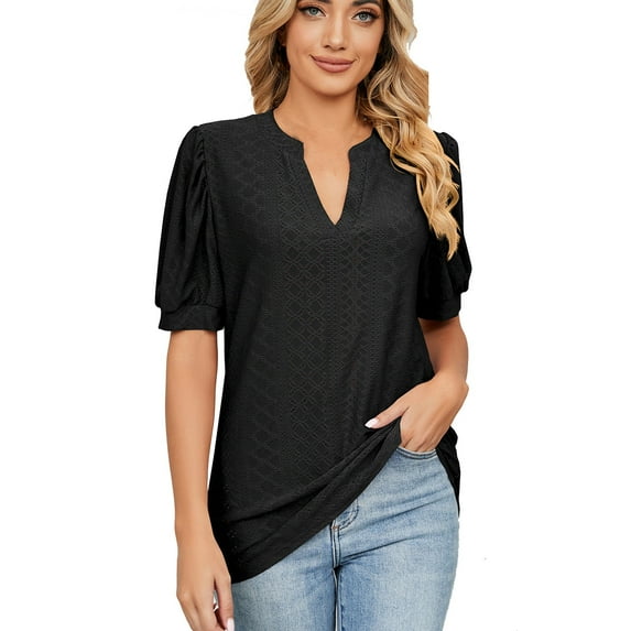 Dagegui Womens Short Sleeve Summer Tops 2025 Fashion Eyelet Tunic Blouse V Neck Puff Sleeve T Shirts Solid Soft Loose Fit Tees Black S-2XL