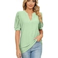 thumbnail image 1 of Dagegui Womens Short Sleeve Summer Tops 2025 Fashion Eyelet Tunic Blouse V Neck Puff Sleeve T Shirts Solid Soft Loose Fit Tees Green S-2XL, 1 of 6