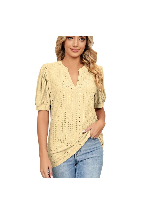 Womens Short Sleeve Summer Tops 2025 Fashion Eyelet Tunic Blouse V Neck Puff Sleeve T Shirts Solid Soft Loose Fit Tees Yellow S-2XL