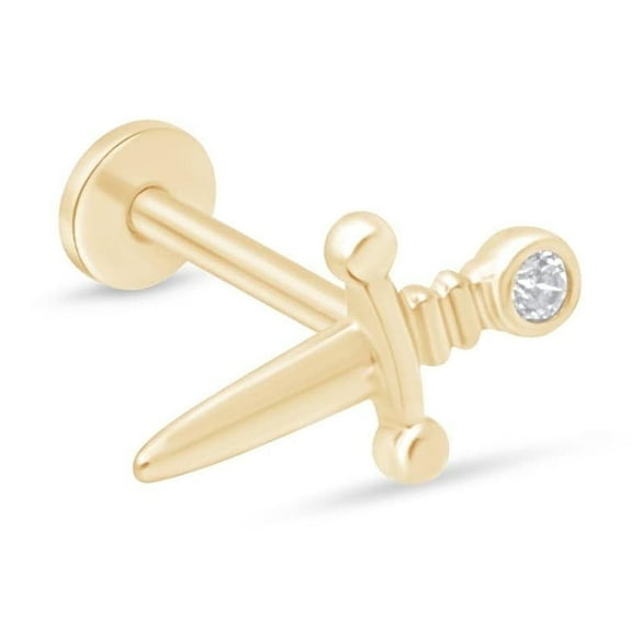 Dagger Flat Back Earring for Men Women 14K Solid Gold Cartilage Earring Threaded Conch Tragus Helix Piercing Jewelry Small Single Stud Earring for Upper Ear