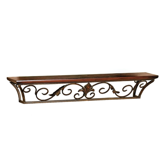 Dagian Floating Wall Shelf, Burnished Copper Scrollwork, Regal Walnut Wood, 30 Inch Brown/Copper