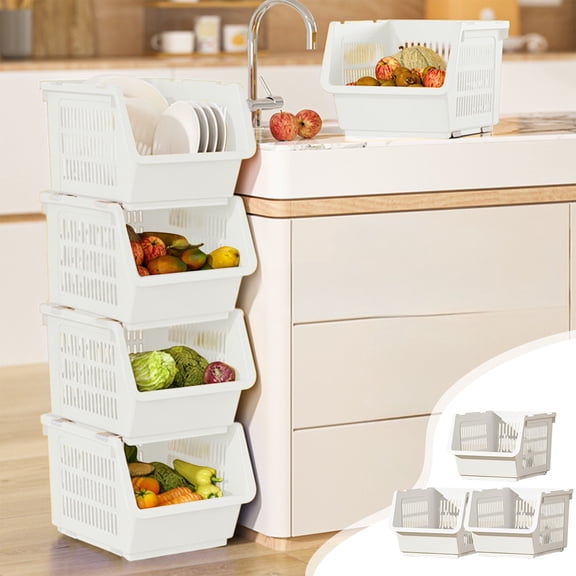 DagobertNiko 3-Tier Stackable Drainage Basket Set Abs Plastic Multifunctional Storage Organizer with Wheels for Kitchen Fruit Vegetable