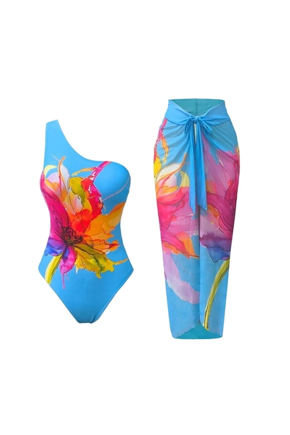 Women's Two Piece Swimsuits Floral Halter One Shoulder Top Bikini Sets Boho Self Tie Swimsuit with Skirt