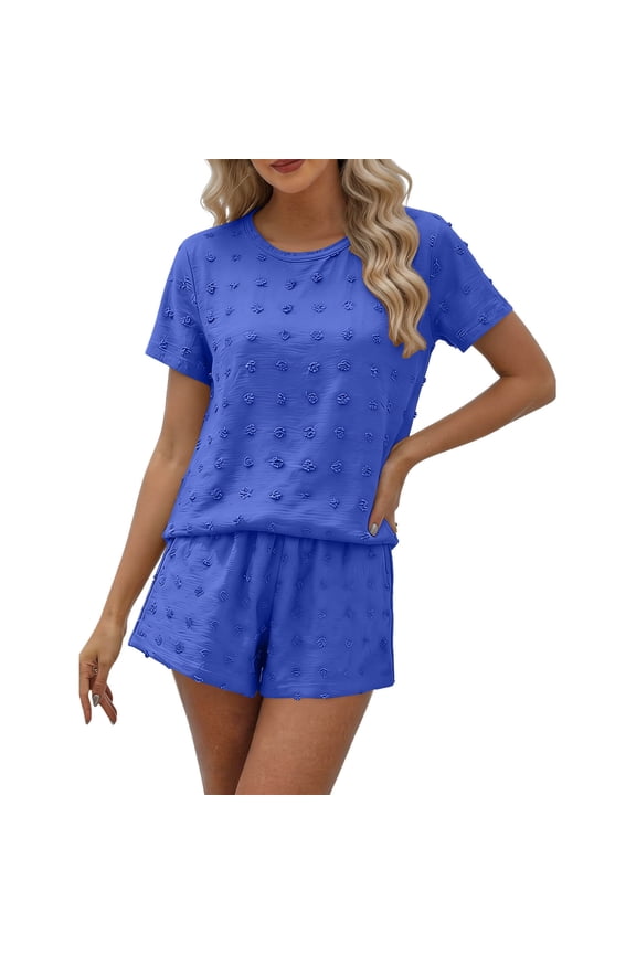 2 PC Sets for Women Short Sleeve Crew Neck Dots Tops Elastic Loose Fitted Shorts Breathable Loungewear Casual Sets(M,Blue)