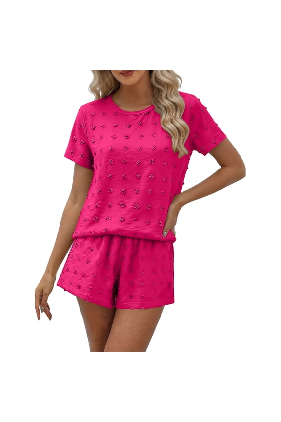2 PC Sets for Women Short Sleeve Crew Neck Dots Tops Elastic Loose Fitted Shorts Breathable Loungewear Casual Sets(M,Hot Pink)