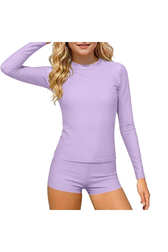 2 Piece Sets for Girls Athletic Long Sleeve Slim Fitted Crew Neck Tops Elastic Waist Shorts Fitness Quick Drying Beach Activewear Sets(5-6Years,Purple)