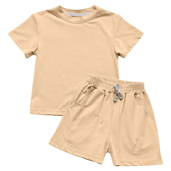 Dagugfen 2 Piece Sets for Kids Short Sleeve Crew Neck T Shirts Elastic Waist Shorts Regular Fitted Basic Daily Wear Casual Sets(6-7 Years,Beige)