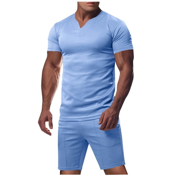 Dagugfen 2 Piece Sets for Men Crewneck Tshirts and Knee Length Shorts Leisure Workout Outfits for Exercise