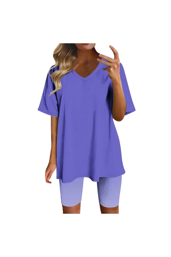 2 Piece Sets for Women Short Sleeve T Shirts Tops Leggings Shorts Elastic Waist Daily Wear Casual Sets