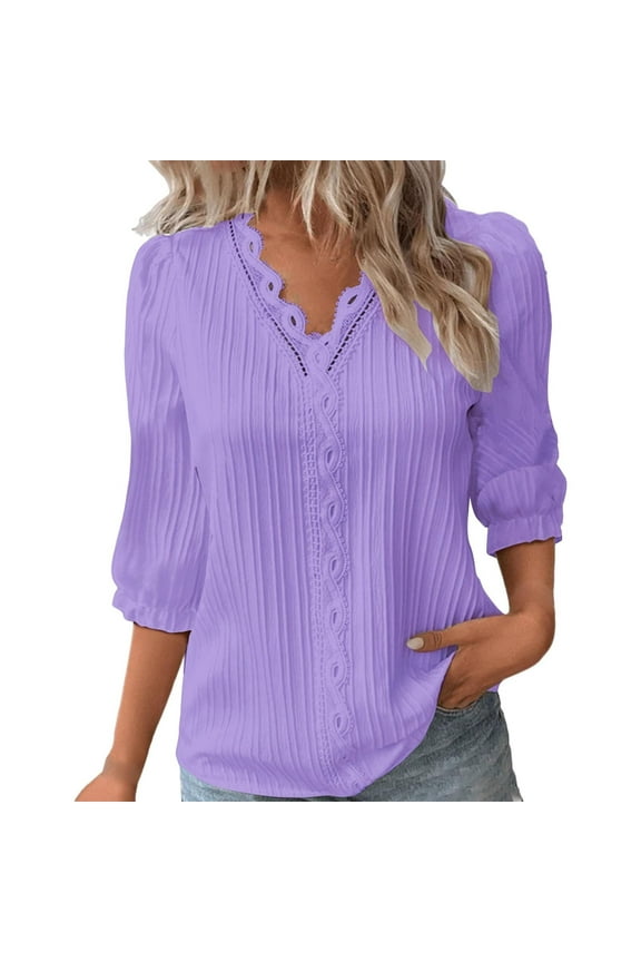 3/4 Length Sleeve Womens Tops Patchwork Hollow out Dressy Casual Trendy Puff Shoulder Blouses