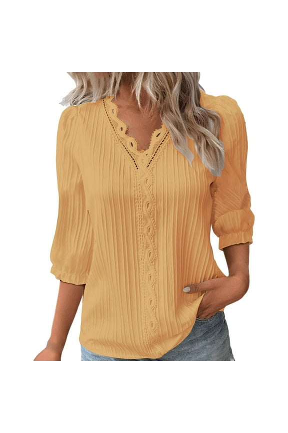 3/4 Length Sleeve Womens Tops Patchwork Hollow out Dressy Casual Trendy Puff Shoulder Blouses