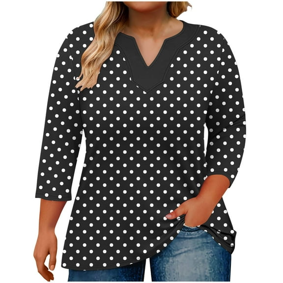 Dagugfen 3/4 Length Sleeve Womens Tops Polka Dots V Neck Loose Lightweight Comfy Casual Oversize Shirts