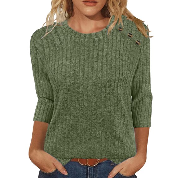 Dagugfen 3/4 Length Sleeve Womens Tops Ribbed Crew Neck Button Textured Knit Comfy Sweater Tops Fall Winter