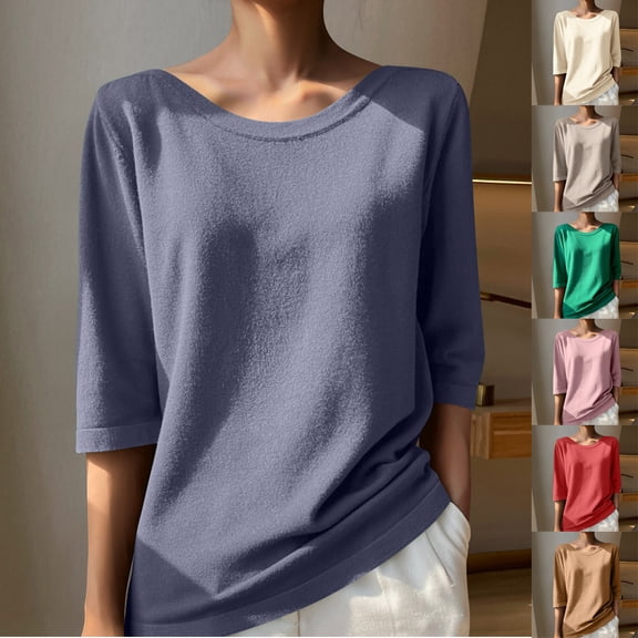 Dagugfen 3/4 Length Sleeve Womens Tops Round Neck Tunic Tops Basic Tees Workwear Casual Blouses Size M-XXL