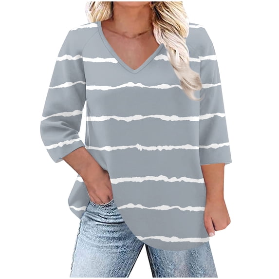 Dagugfen 3/4 Length Sleeve Womens Tops Striped V Neck Loose Casual Comfy Lightweight Oversize Shirts