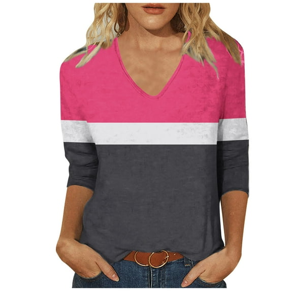 Dagugfen 3/4 Length Sleeve Womens Tops V Neck Color Block Loose Comfy Lightweight Casual Shirts for Work