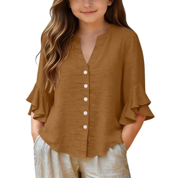 Dagugfen 3/4 Sleeve Tops for Teen Girl Button down Shirts Loose Fitted V Neck Lightweight Summer Casual Beach Tops 3-14 Years