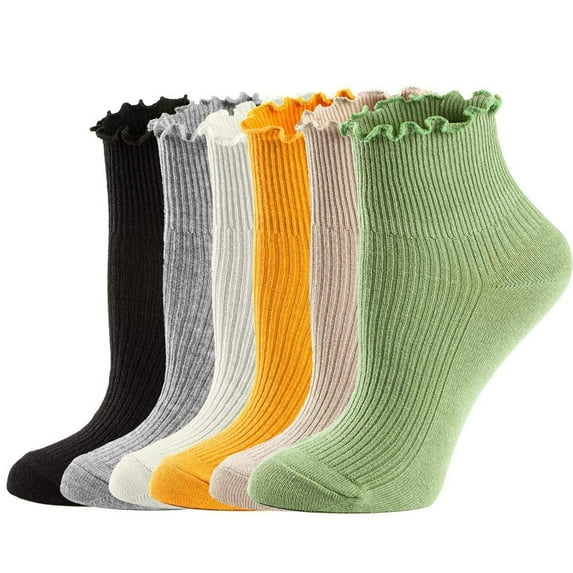 Dagugfen 6 Pairs Ruffle Socks Solid Color Knit Absorbing Breathable Comfy Casual Crew Socks for Women