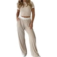 thumbnail image 1 of Dagugfen Athletic Sets for Women 2 Piece Color Blocked Short Sleeve Crew Neck Crop Tops Elastic Waist Drawstring Full Length Pants with Pockets Outdoor Activewear Sets(XL,Khaki), 1 of 5