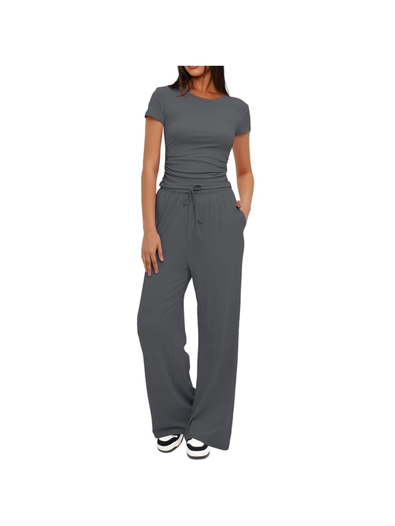 Athletic Sets for Women 2 PC Slim Fitness Short Sleeve Tees Drawstring Elastic Waist Pants Outdoor Activewear Sets