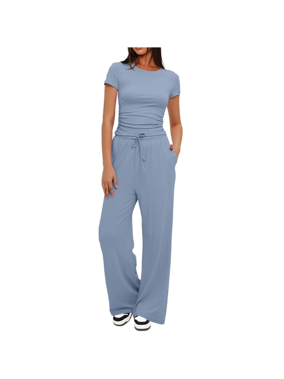 Athletic Sets for Women 2 PC Slim Fitness Short Sleeve Tees Drawstring Elastic Waist Pants Outdoor Activewear Sets