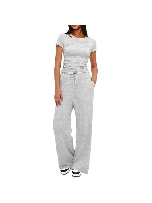 Athletic Sets for Women 2 PC Slim Fitness Short Sleeve Tees Drawstring Elastic Waist Pants Outdoor Activewear Sets