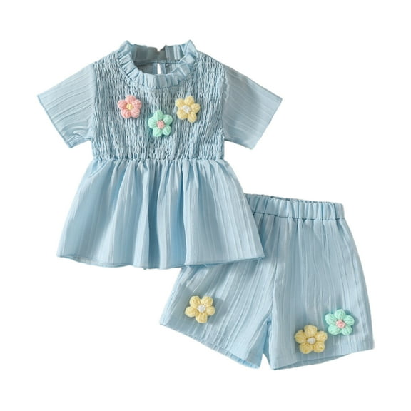 Dagugfen Baby Clothes for Girl Sets Smocked Ruffle Shirts Shorts Ruched Flower Loose Elegant Outfits for Dinner Party