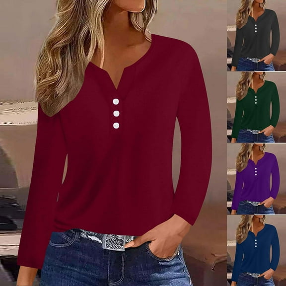 Dagugfen Blouses for Women Casual Button V Neck Slim Comfy Loungewear Casual Long Sleeve Shirts for Camping