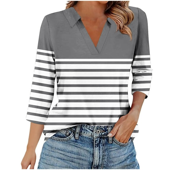 Dagugfen Blouses for Women Casual Lapel V Neck Striped Fitted Comfy Trendy Lightweight Work Tops for Business