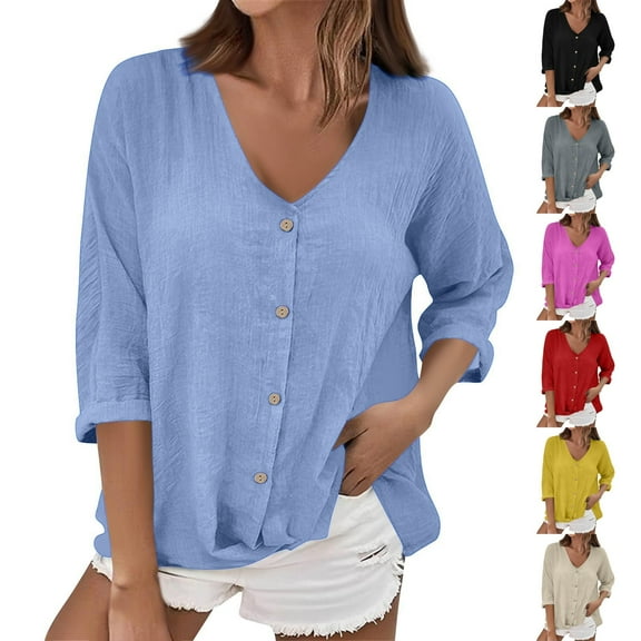 Dagugfen Button down Shirts for Women Ruched 3/4 Sleeve Deep V Neck Lightweight Beach Travel Casual Shirts