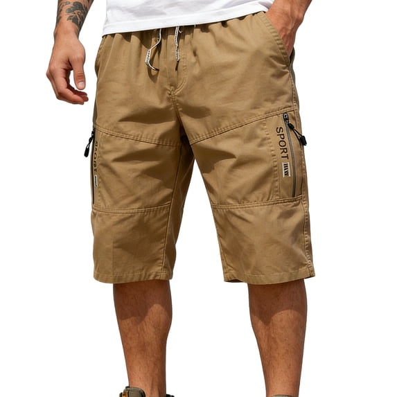 Dagugfen Capri Cargo Pants for Men Below Knee Drawstring Elastic Waisted Capris Summer Casual Outdoor Hiking Cargo Pants with Multi Zipper Pockets