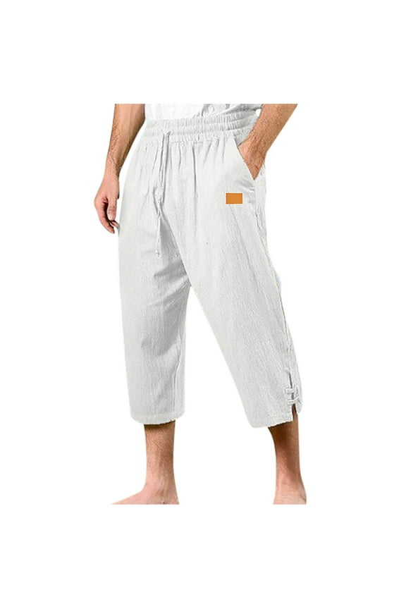 Capri Pants for Men Cotton Linen Elastic Waist Drawstring Loose Fitting Casual Beach Pants