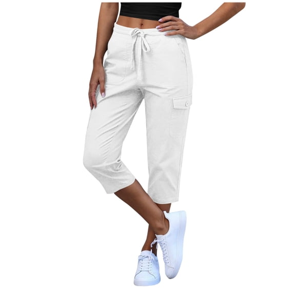 Dagugfen Capri pants Women 7/8 Length Straight Elastic Waist Denim Pants with Pockets Regular Fitted Solid Color