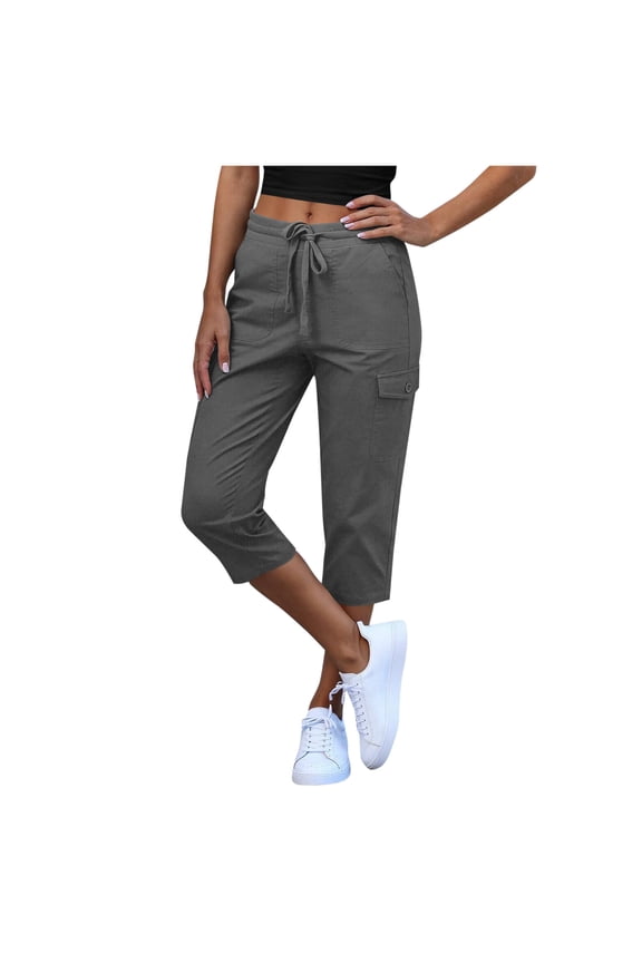 Capri pants Women 7/8 Length Straight Elastic Waist Denim Pants with Pockets Regular Fitted Solid Color