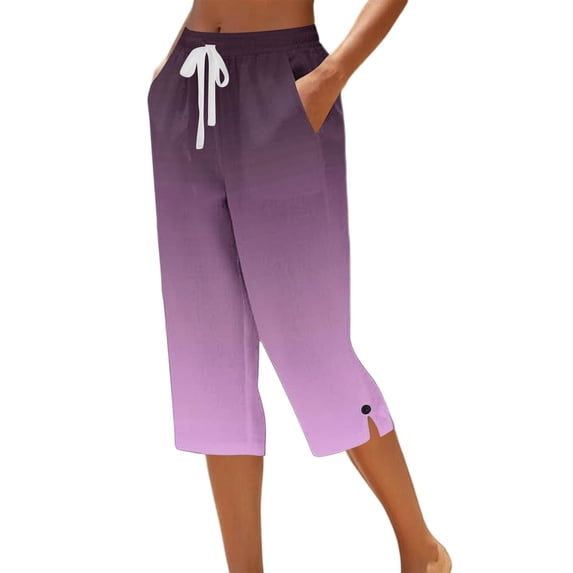 Dagugfen Capris for Women Color Blocked Straight Leg Breathable Drawstring Elastic Waist Summer Daily Wear Casual Capri Pants with Pockets