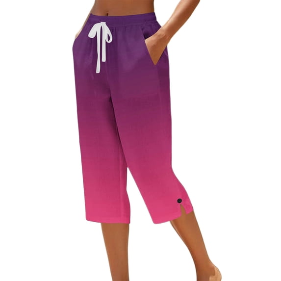 Dagugfen Capris for Women Color Blocked Straight Leg Breathable Drawstring Elastic Waist Summer Daily Wear Casual Capri Pants with Pockets