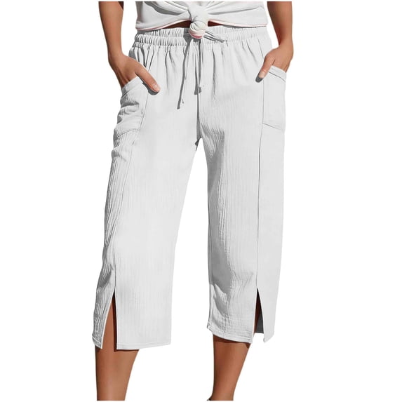 Dagugfen Capris for Women with Pockets Summer Casual Drawstring Elastic Waist Side Slit Lightweight Breathable Daily Wear Capri Pants
