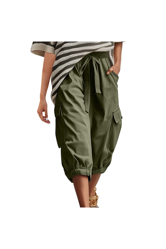 Cargo Capris for Women Drawstring Elastic Waist Loose Fitted Cinch Bottom Casual Streetwear Fashion Capris with Multi Pockets