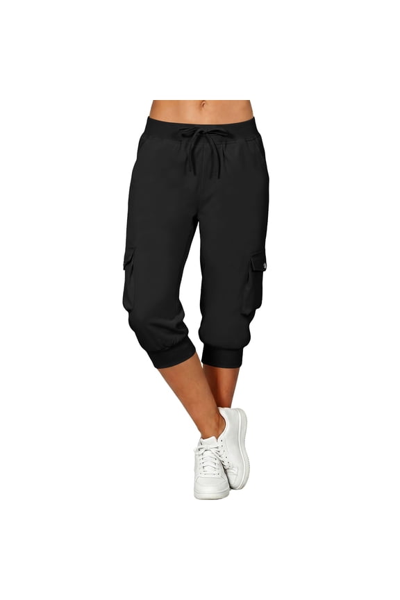 Cargo Capris for Women Drawstring Elastic Waisted Cinch Bottom Quick Drying Outdoor Hiking Athletic Capri Pants with Multi Pockets