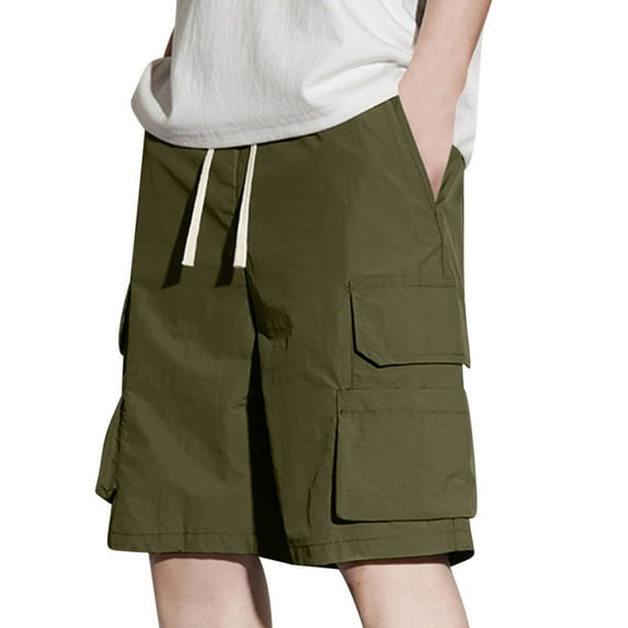 Dagugfen Cargo Mens Shorts Drawstring Elastic Waist Solid Color Summer Loose Outdoor Athletic Shorts
