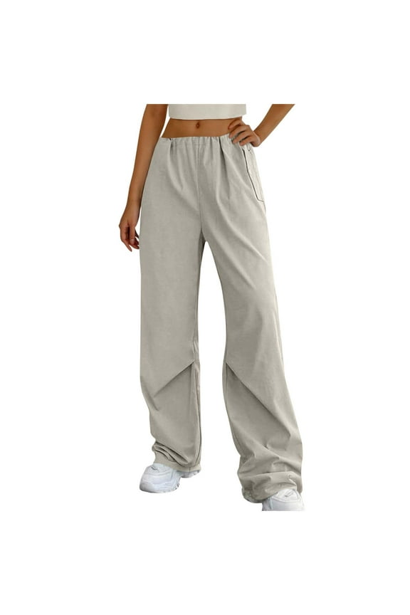 Cargo Pants Women Loose Straight Leg Leisure Elastic Waist Draw Rope Pockets Full Length Pants Solid Color